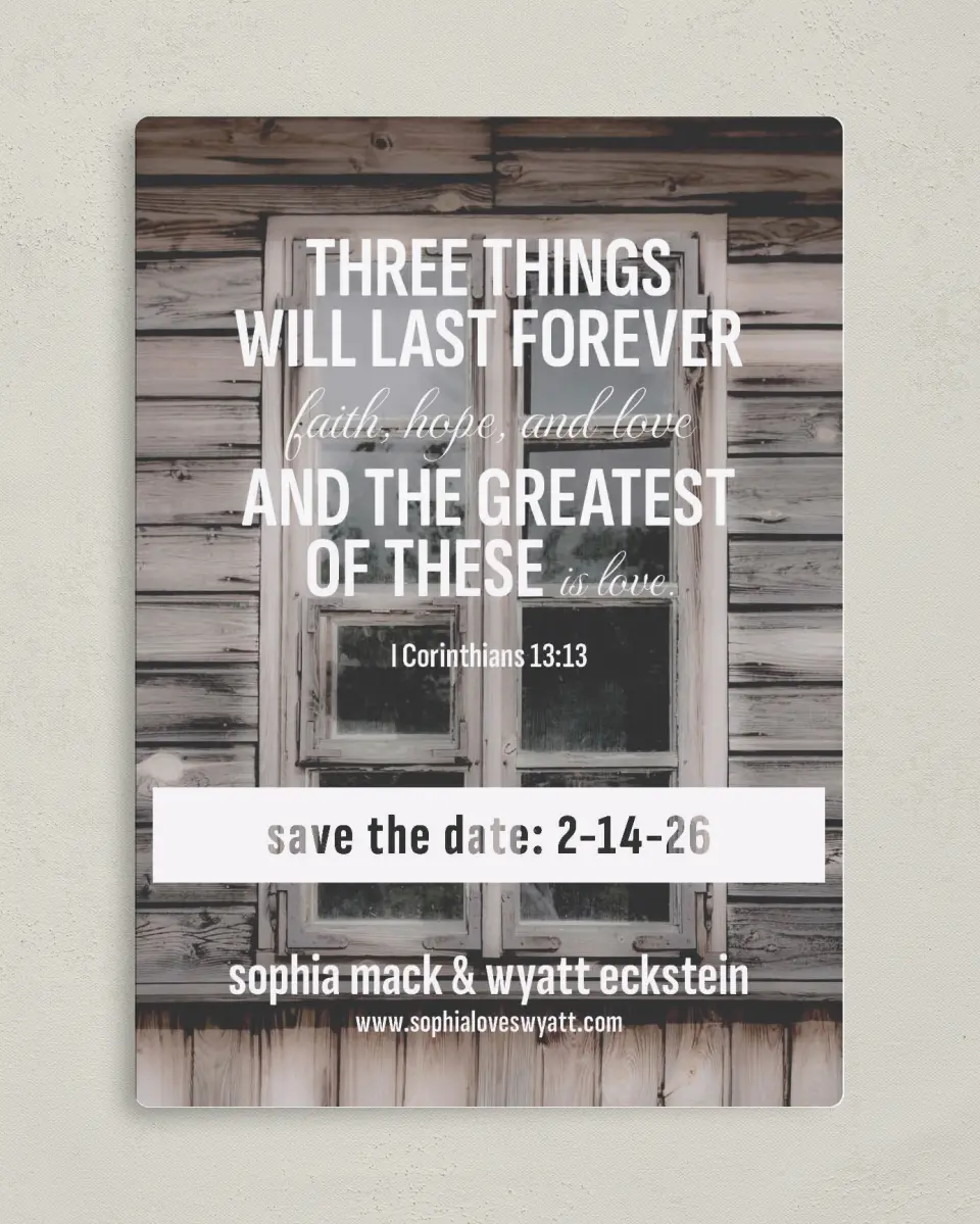 This is a 5" x 7" Save the Date Magnet called Rustic Retreat printed in full color with a Luxe Satin finish