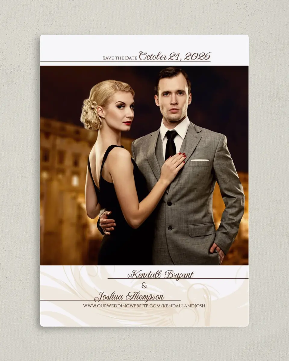 This is a 5" x 7" Save the Date Magnet called Whispering Feather printed in full color with a Luxe Satin finish