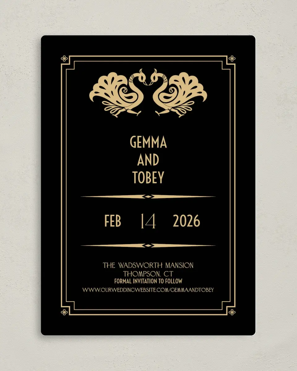This is a 5" x 7" Save the Date Magnet called Deco Glam printed in full color with a Luxe Satin finish