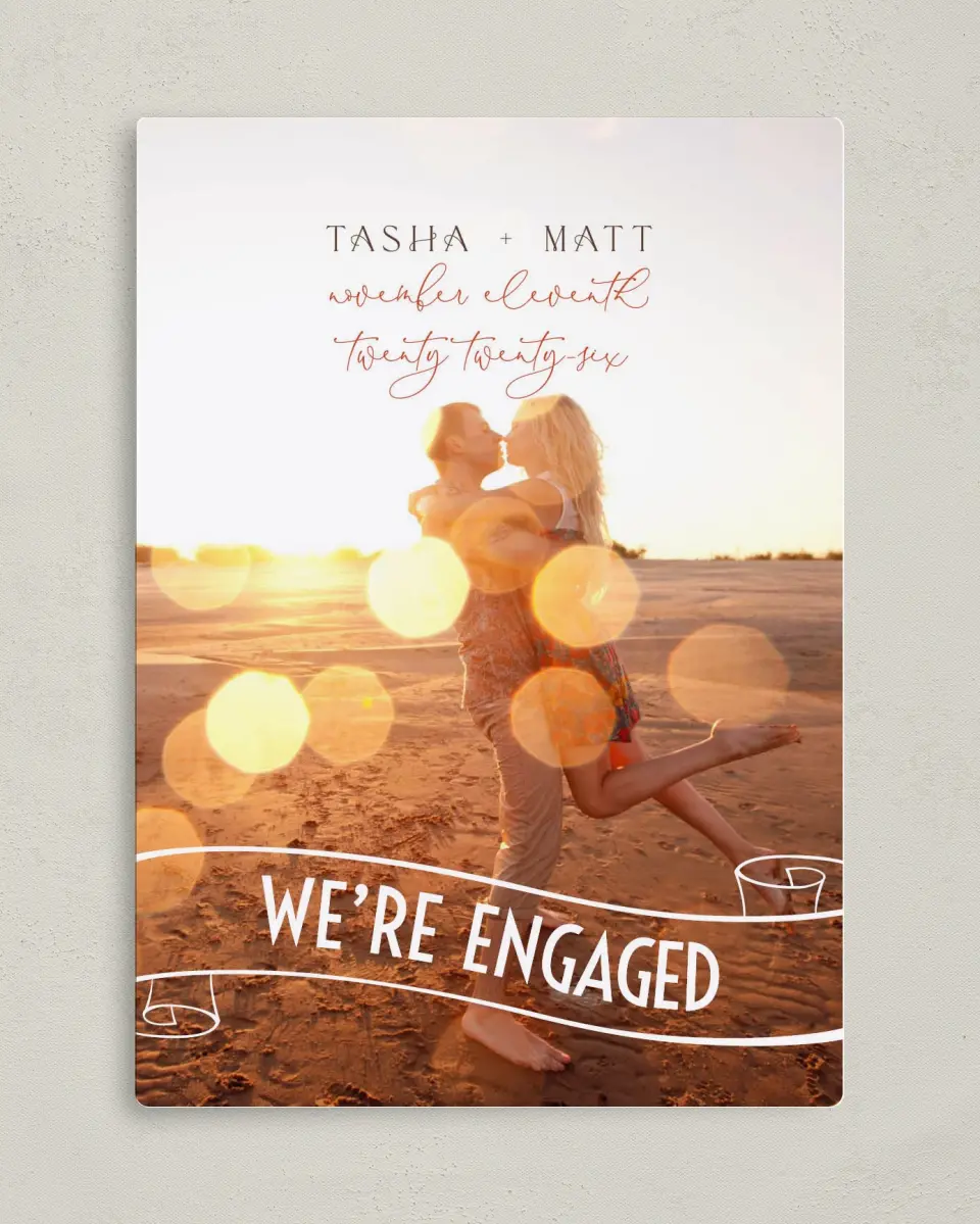 This is a 5" x 7" Save the Date Magnet called A Charmed Engagement printed in full color with a Luxe Satin finish