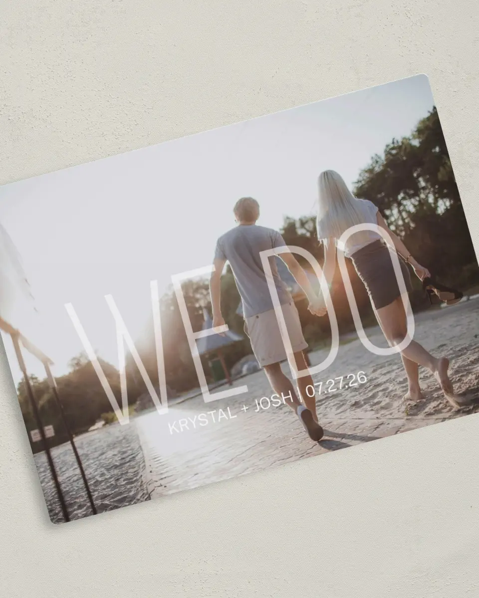 This is a 5" x 7" Save the Date Magnet called Our Vow printed in full color with a Luxe Satin finish
