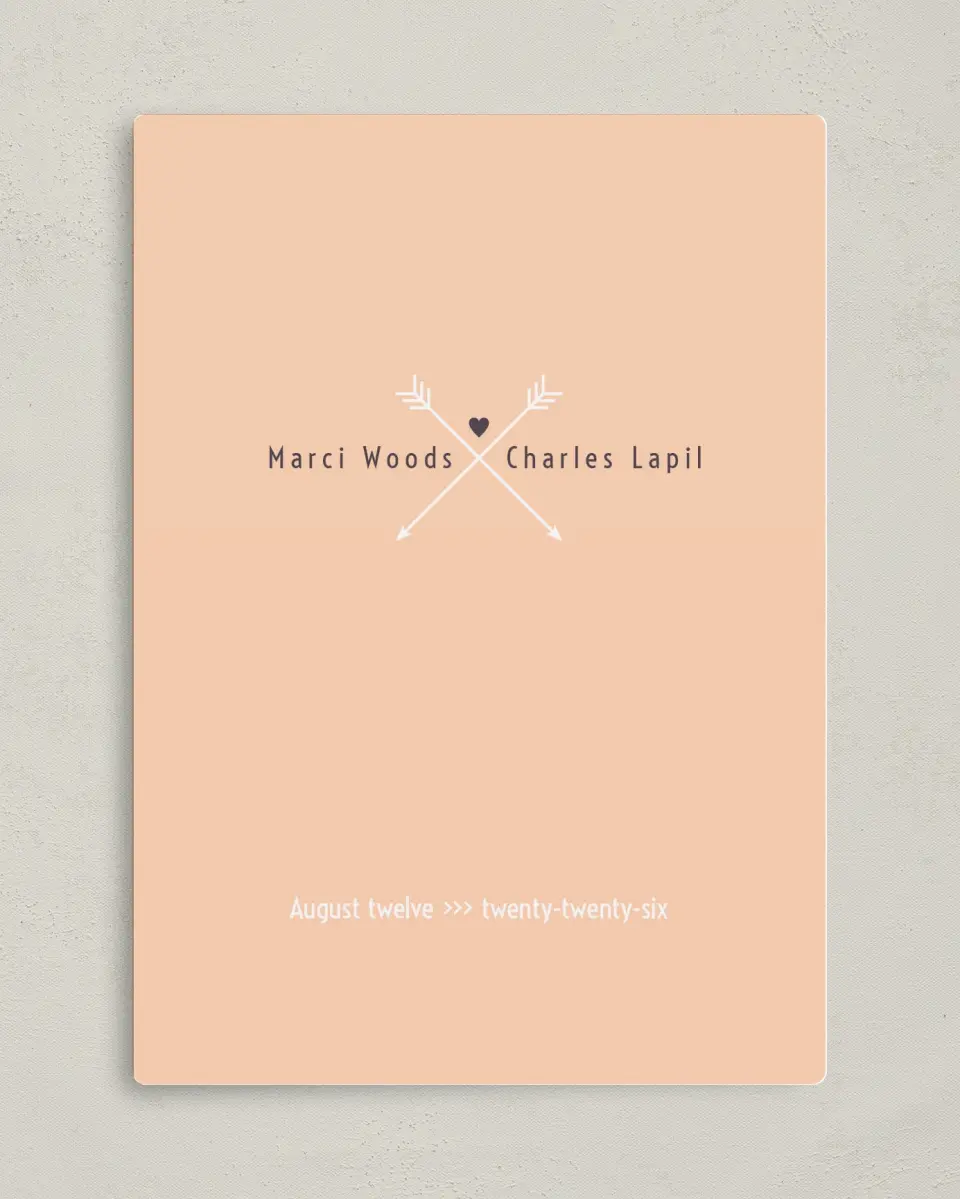 This is a 5" x 7" Save the Date Magnet called Love Arrows printed in full color with a Luxe Satin finish