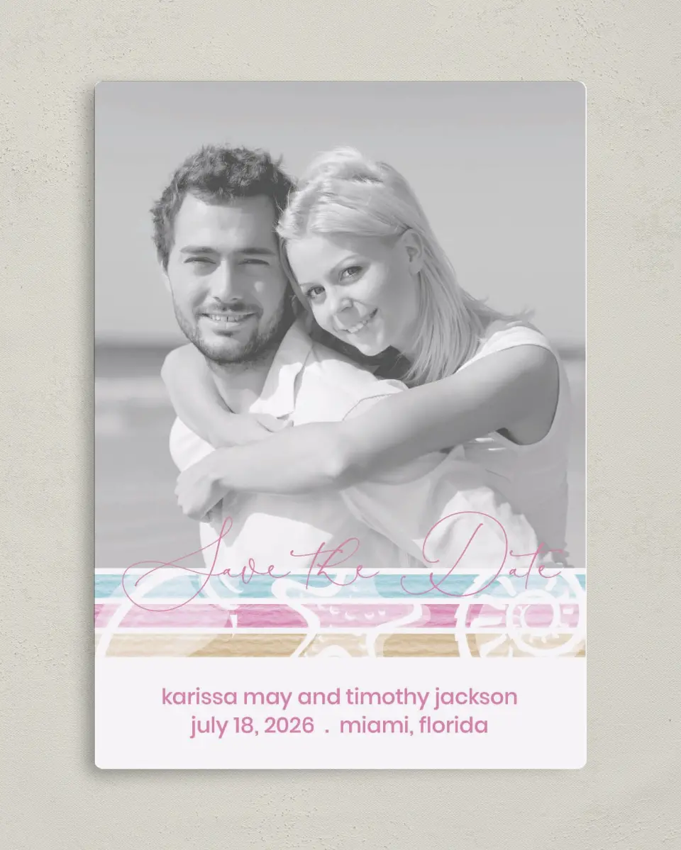 This is a 5" x 7" Save the Date Magnet called Salty Kisses printed in full color with a Luxe Satin finish