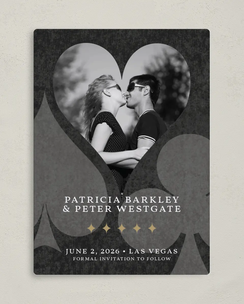 This is a 5" x 7" Save the Date Magnet called Vegas Luxe printed in full color with a Luxe Satin finish