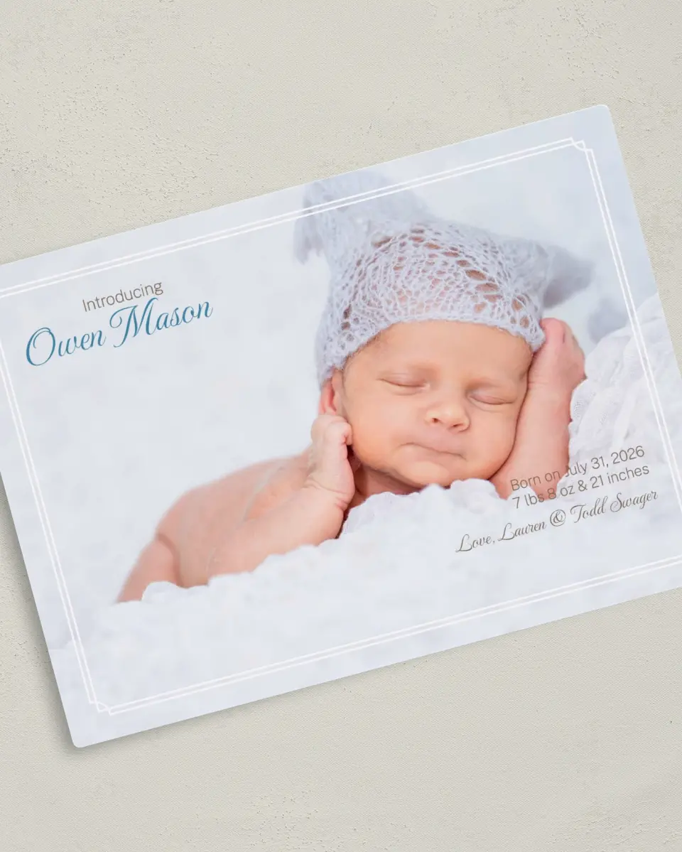 This is a 5" x 7" Birth Announcement Magnet called Darling Introduction printed in full color with a Luxe Satin finish