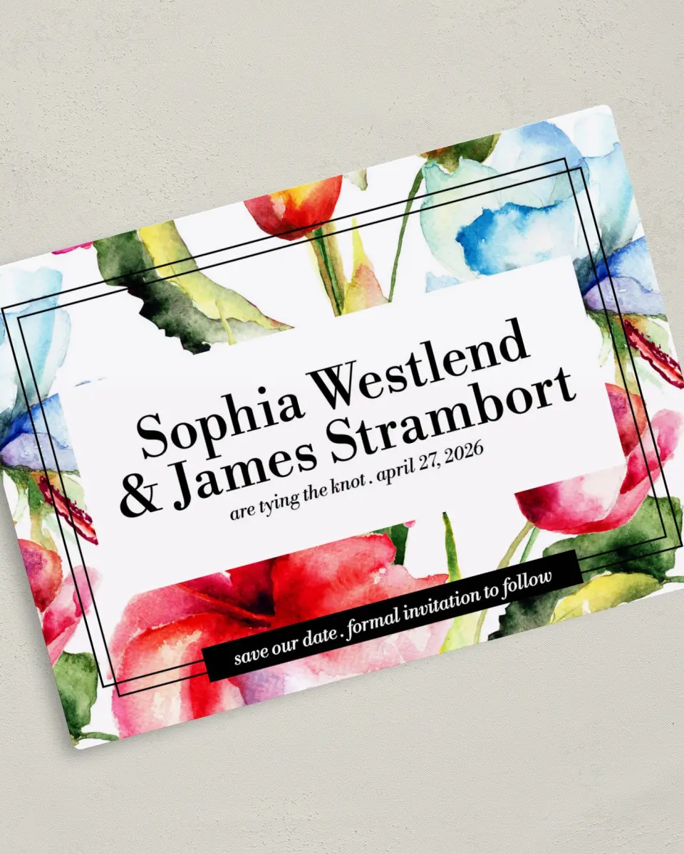 This is a 5" x 7" Save the Date Magnet called Floral Watercolor printed in full color with a Luxe Satin finish
