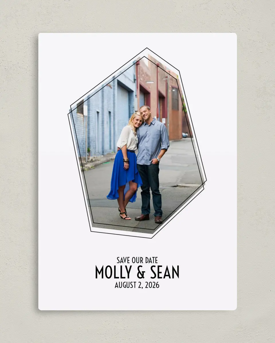 This is a 5" x 7" Save the Date Magnet called Modern Geo printed in full color with a Luxe Satin finish
