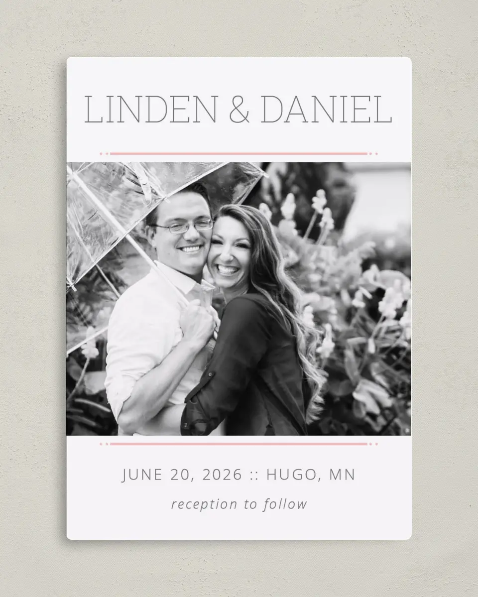 This is a 5" x 7" Save the Date Magnet called Sweetly Charmed printed in full color with a Luxe Satin finish
