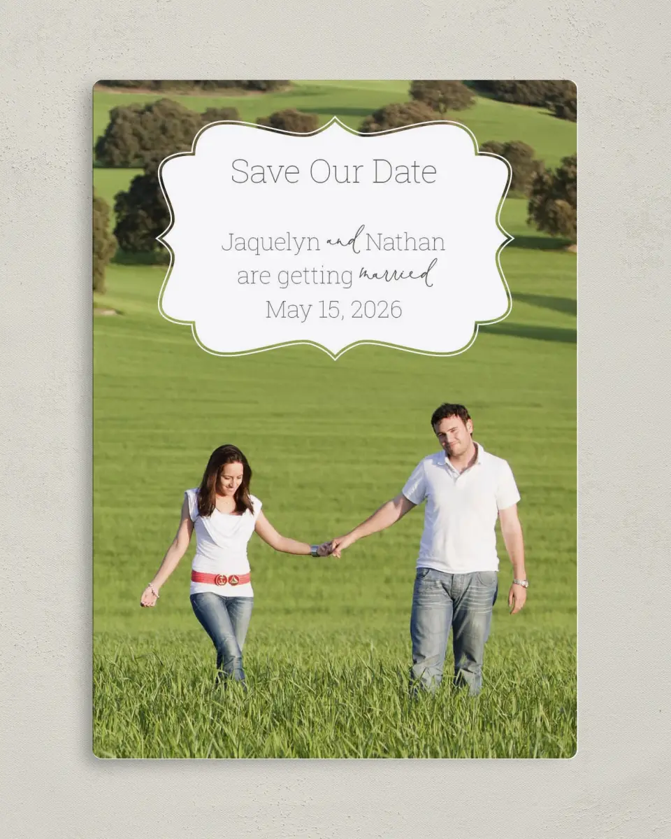 This is a 5" x 7" Save the Date Magnet called Promise to Love printed in full color with a Luxe Satin finish