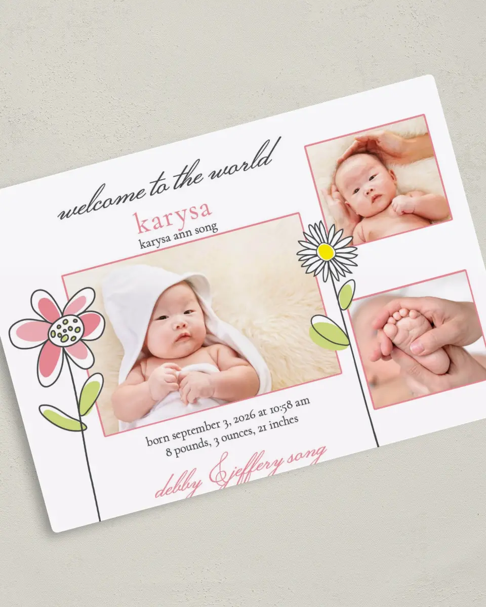 This is a 5" x 7" Birth Announcement Magnet called Blooming Beauty printed in full color with a Luxe Satin finish