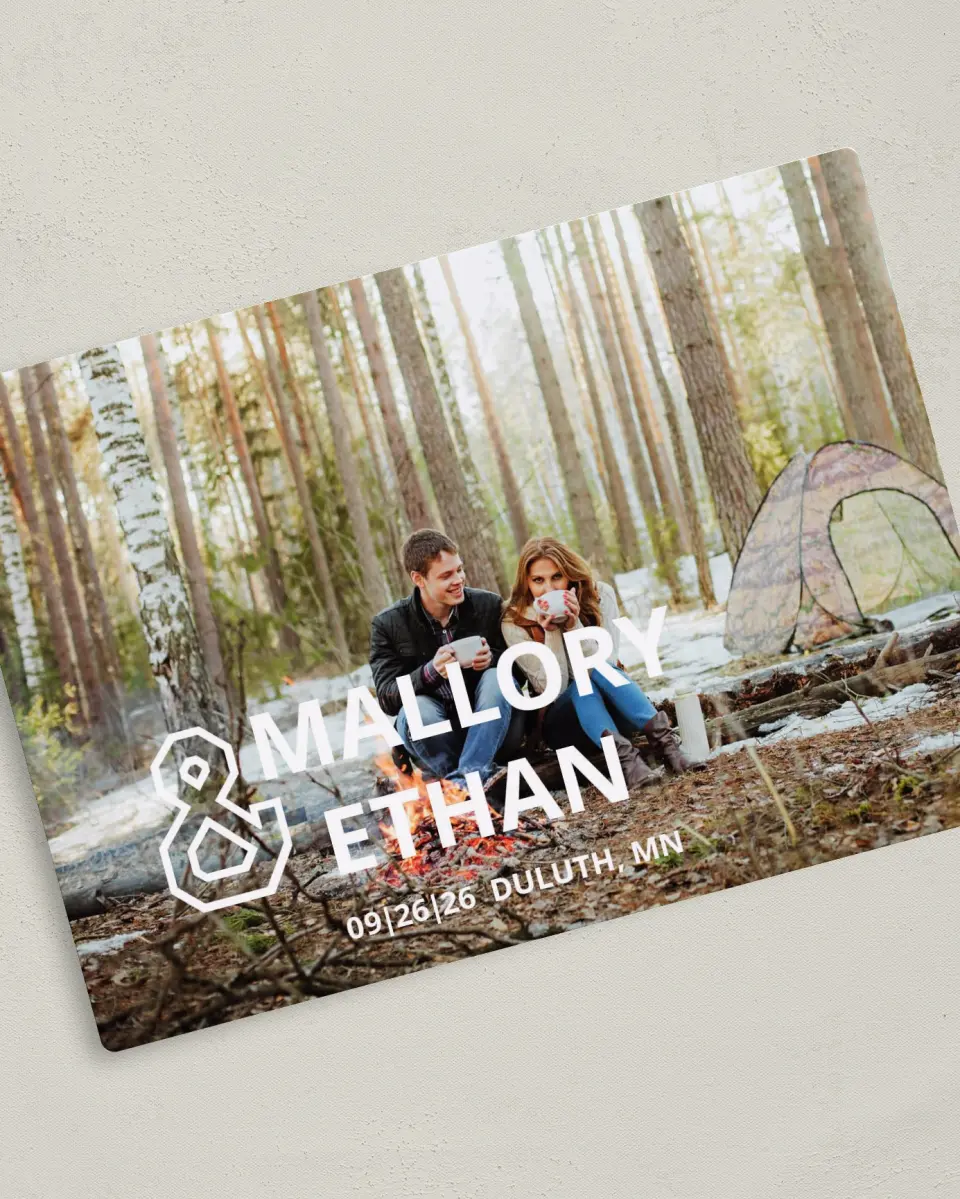 This is a 5" x 7" Save the Date Magnet called Photo Ampersand printed in full color with a Luxe Satin finish