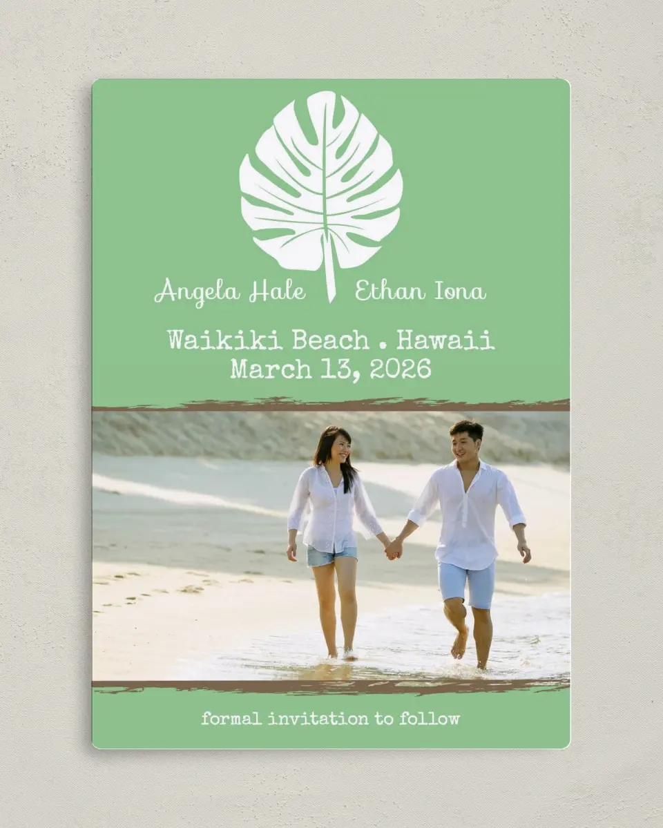 This is a 5" x 7" Save the Date Magnet called Palms in Paradise printed in full color with a Luxe Satin finish