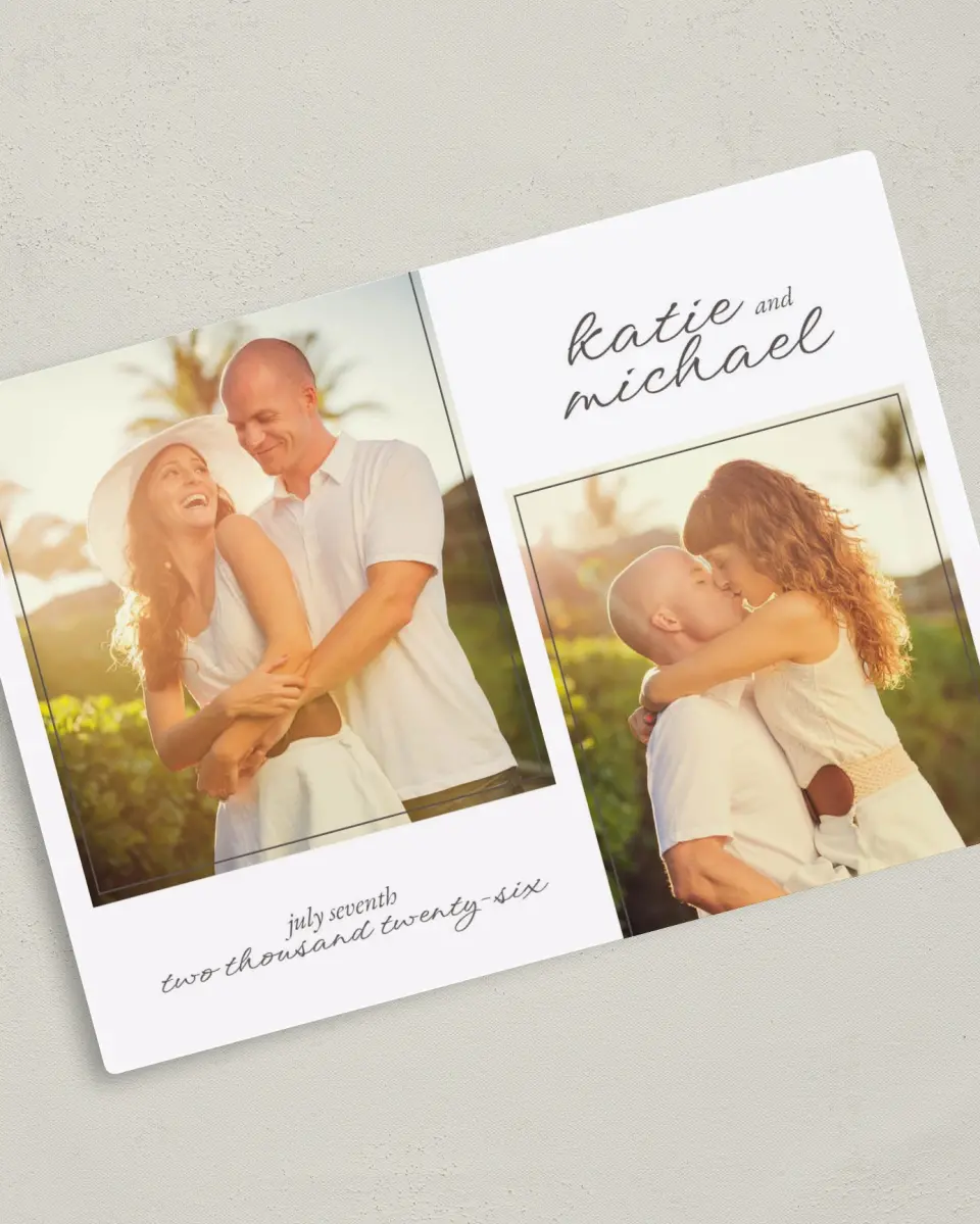 This is a 5" x 7" Save the Date Magnet called Vintage Affair printed in full color with a Luxe Satin finish