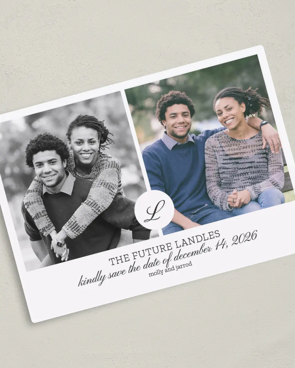 This is a 5" x 7" Save the Date Magnet called Side By Side printed in full color with a Luxe Satin finish