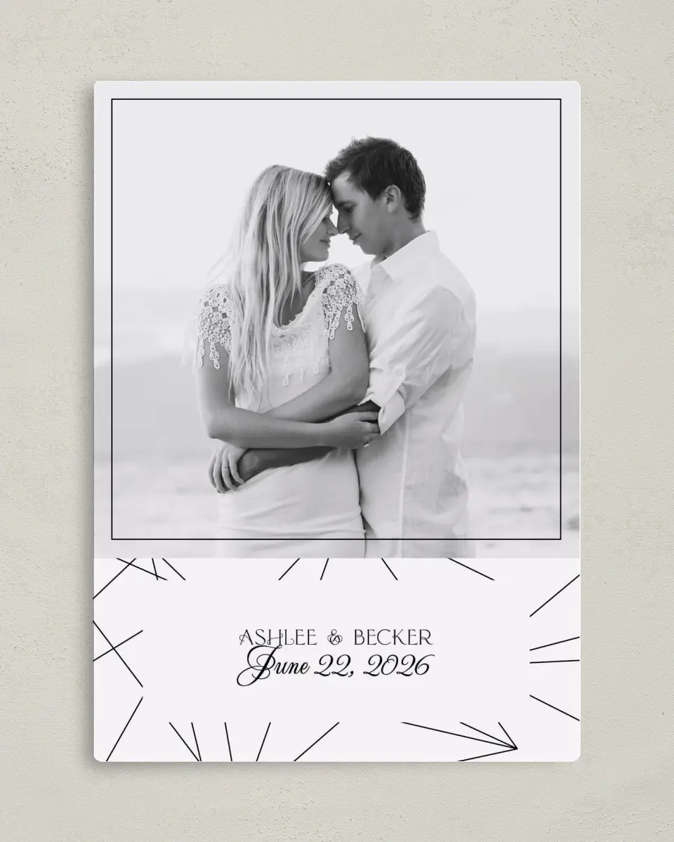 This is a 5" x 7" Save the Date Magnet called Upscale Vegas printed in full color with a Luxe Satin finish