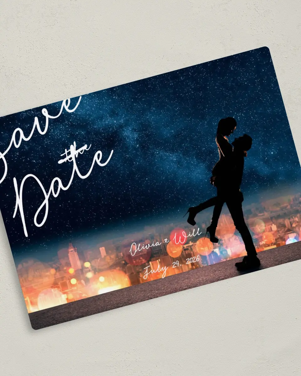This is a 5" x 7" Save the Date Magnet called Enchanted Day printed in full color with a Luxe Satin finish