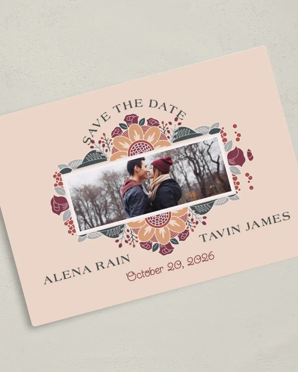 This is a 5" x 7" Save the Date Magnet called Zentangle Bloom printed in full color with a Luxe Satin finish