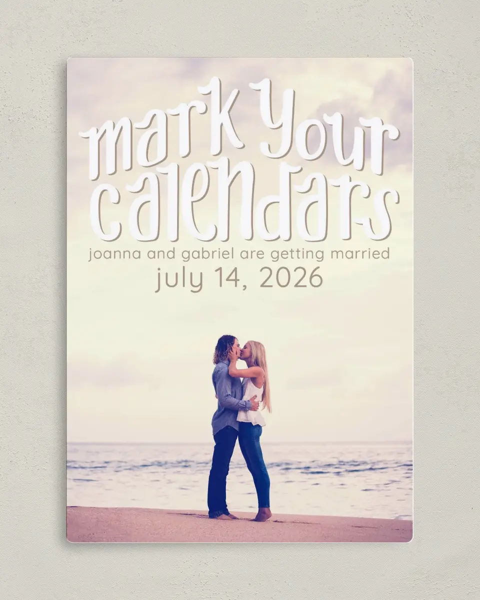 This is a 5" x 7" Save the Date Magnet called Mark Your Calendar printed in full color with a Luxe Satin finish