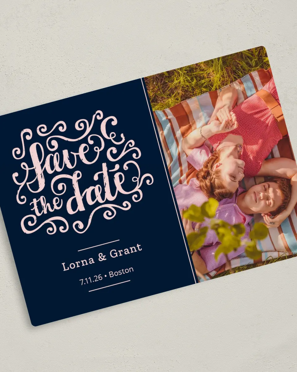This is a 5" x 7" Save the Date Magnet called Love Letters printed in full color with a Luxe Satin finish