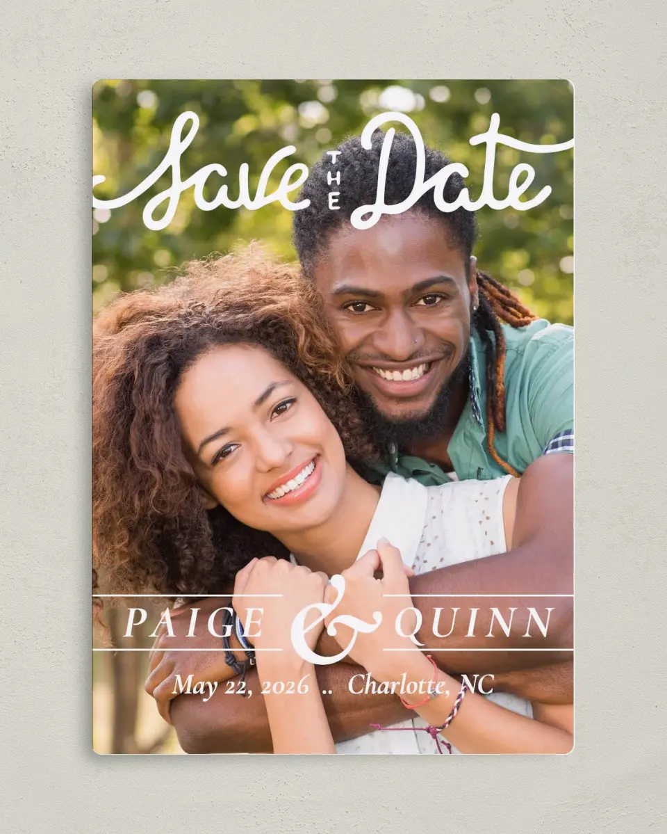 This is a 5" x 7" Save the Date Magnet called Faithful Affection printed in full color with a Luxe Satin finish