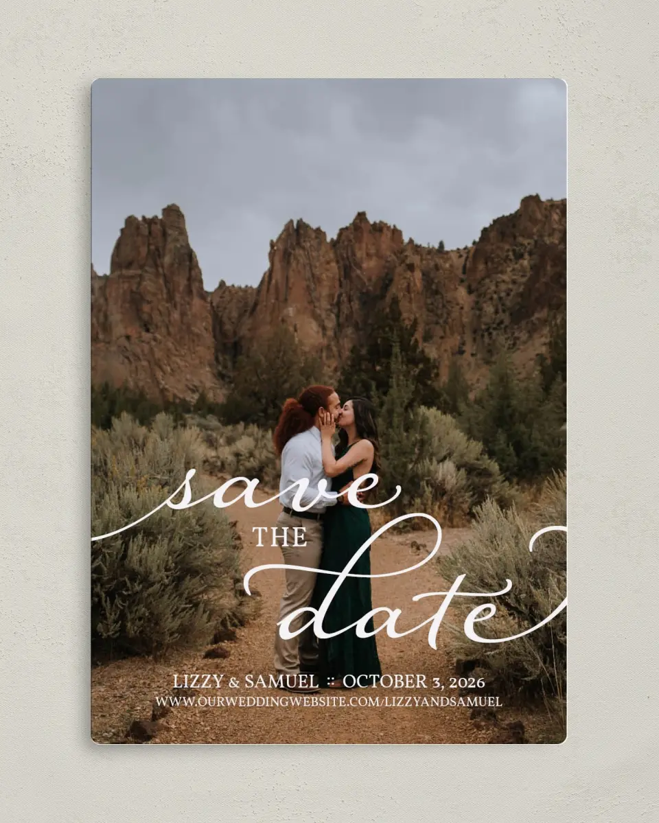 This is a 5" x 7" Save the Date Magnet called Scripted Embrace printed in full color with a Luxe Satin finish
