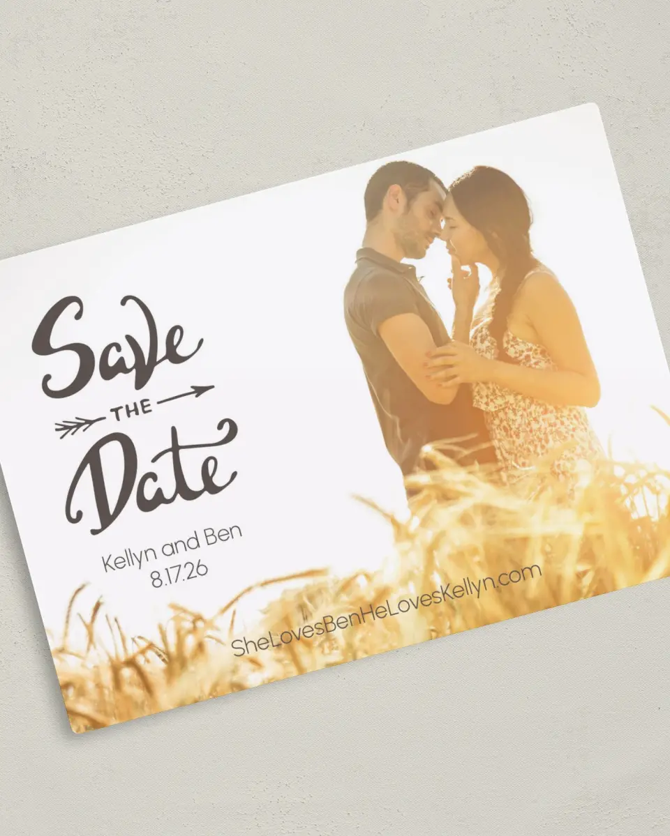 This is a 5" x 7" Save the Date Magnet called To Forever printed in full color with a Luxe Satin finish