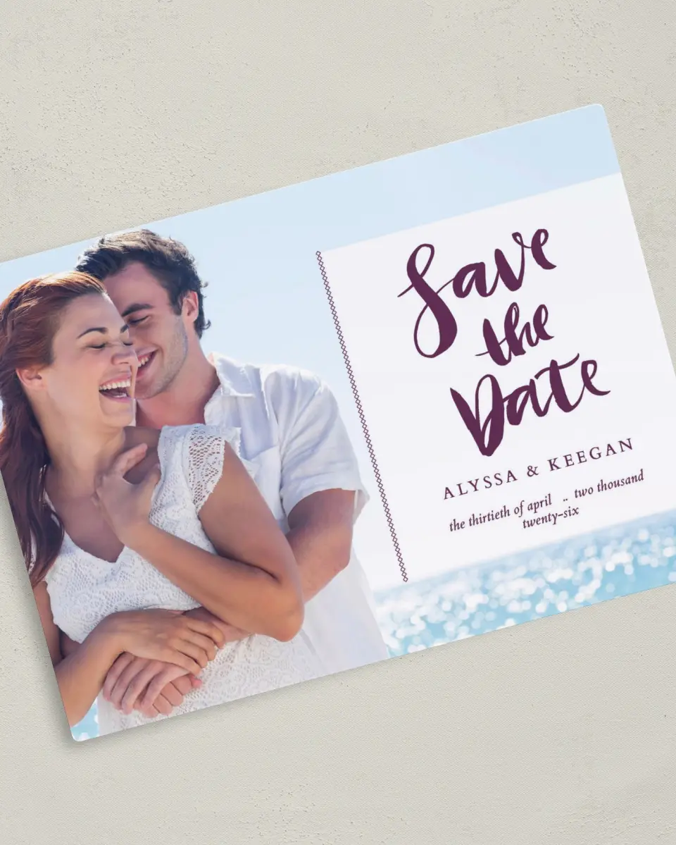 This is a 5" x 7" Save the Date Magnet called Forever Affection printed in full color with a Luxe Satin finish
