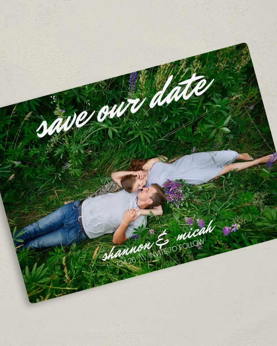 This is a 5" x 7" Save the Date Magnet called Brushed Devotion printed in full color with a Luxe Satin finish