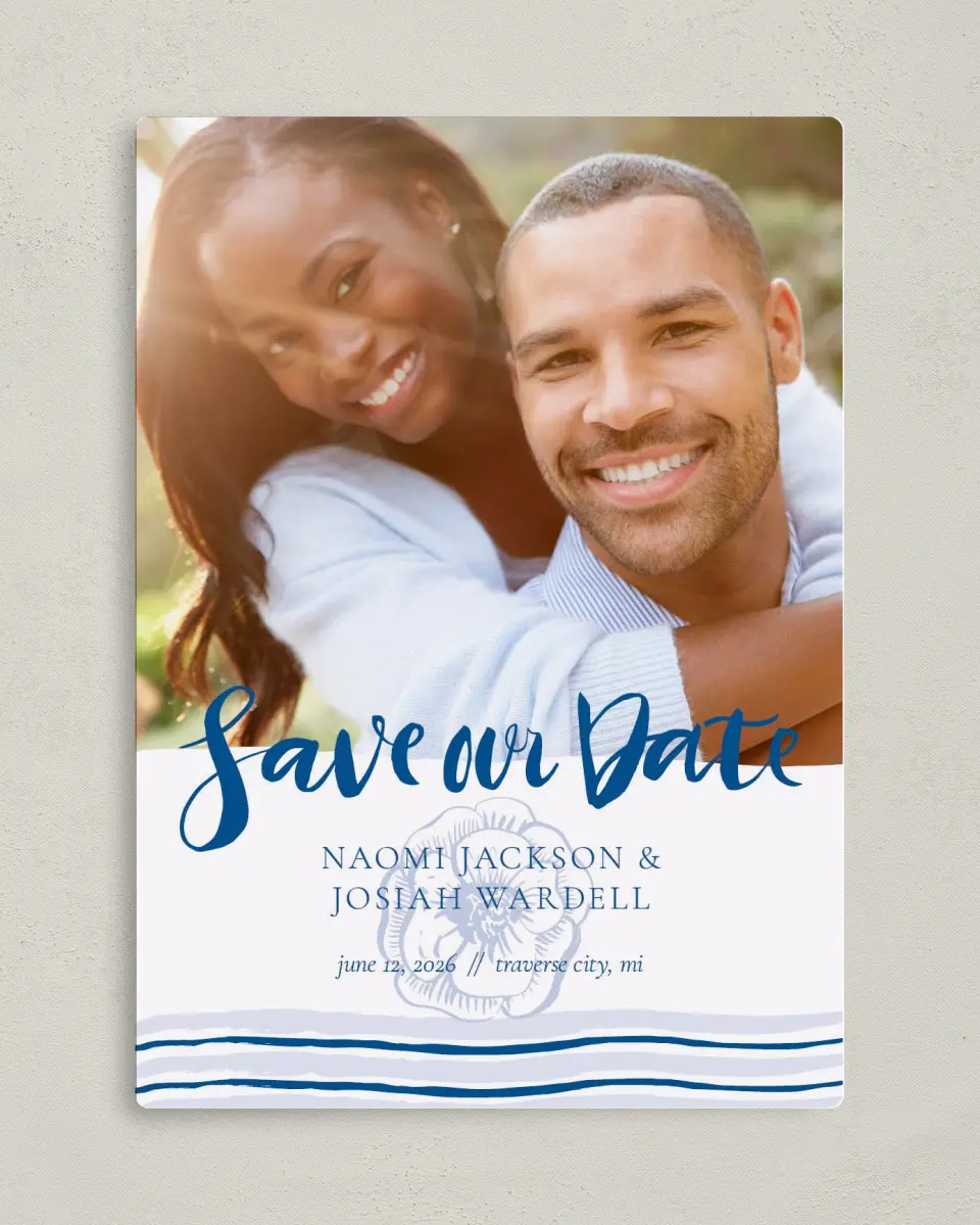 This is a 5" x 7" Save the Date Magnet called Everlasting Bloom printed in full color with a Luxe Satin finish