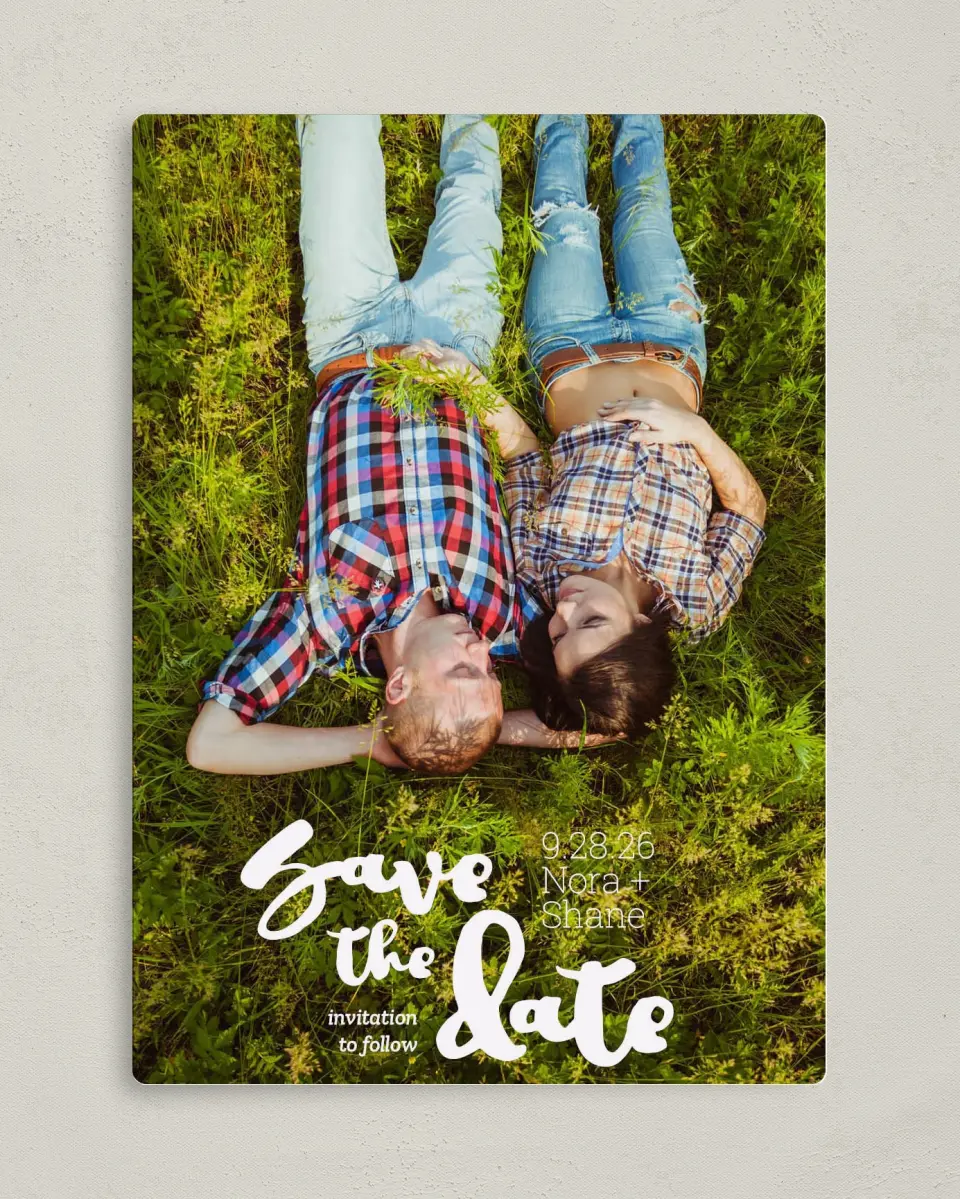 This is a 5" x 7" Save the Date Magnet called Blissfully Hitched printed in full color with a Luxe Satin finish