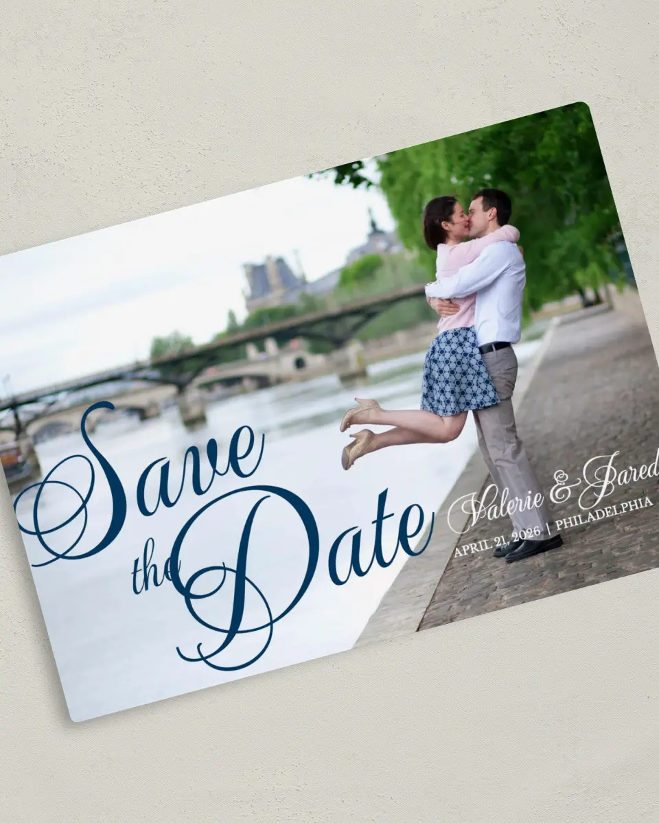 This is a 5" x 7" Save the Date Magnet called Fairytale Script printed in full color with a Luxe Satin finish
