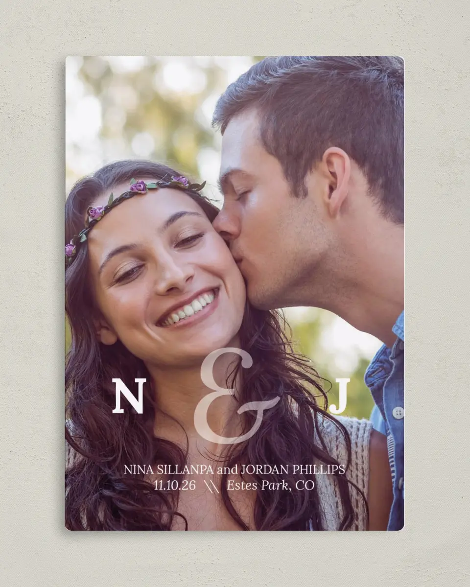 This is a 5" x 7" Save the Date Magnet called Us Together printed in full color with a Luxe Satin finish