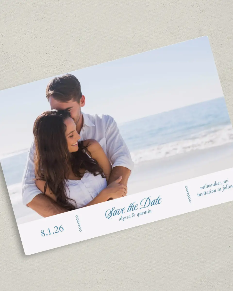 This is a 5" x 7" Save the Date Magnet called Opulence printed in full color with a Luxe Satin finish