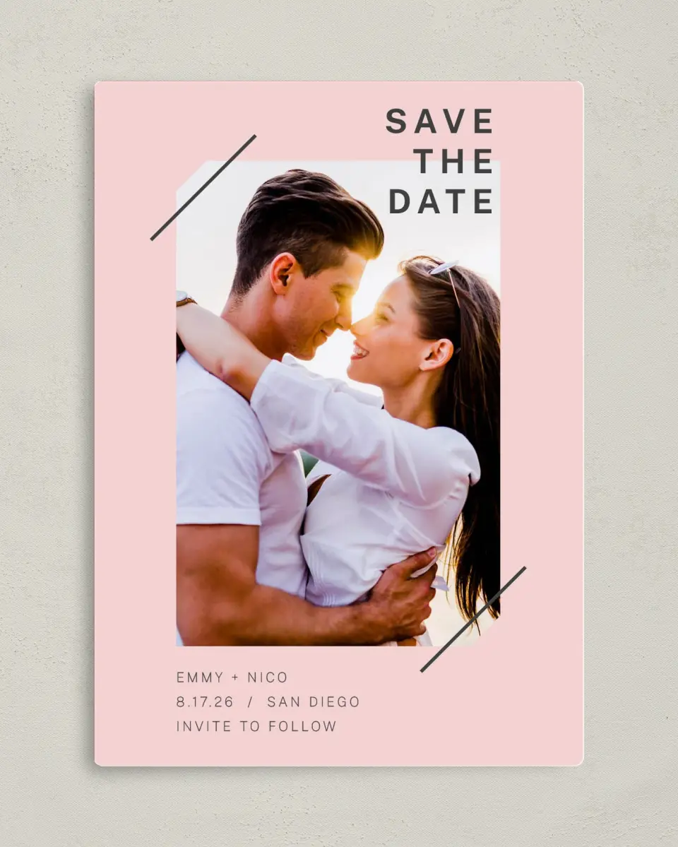 This is a 5" x 7" Save the Date Magnet called Minimal Mod printed in full color with a Luxe Satin finish