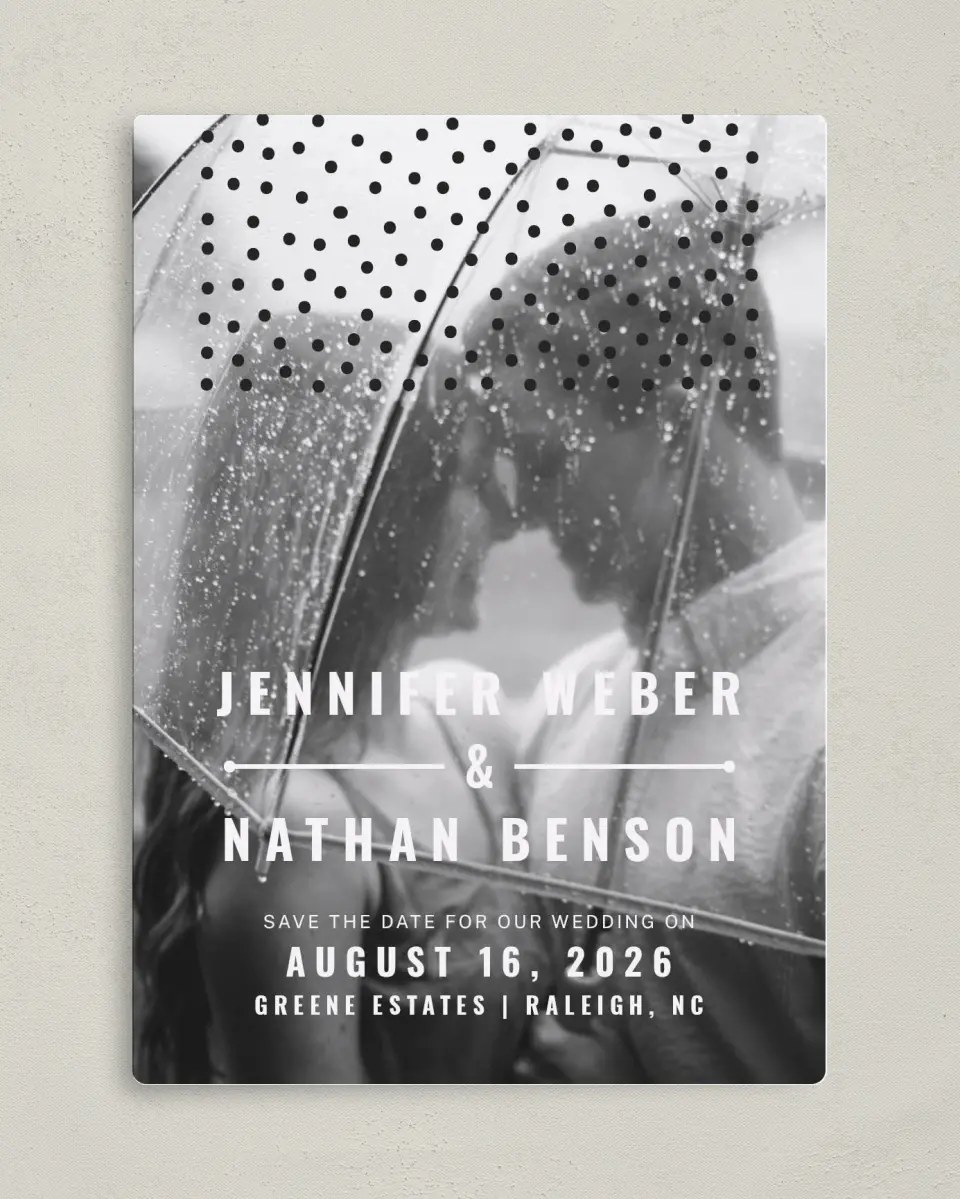 This is a 5" x 7" Save the Date Magnet called Pop of Dots printed in full color with a Luxe Satin finish