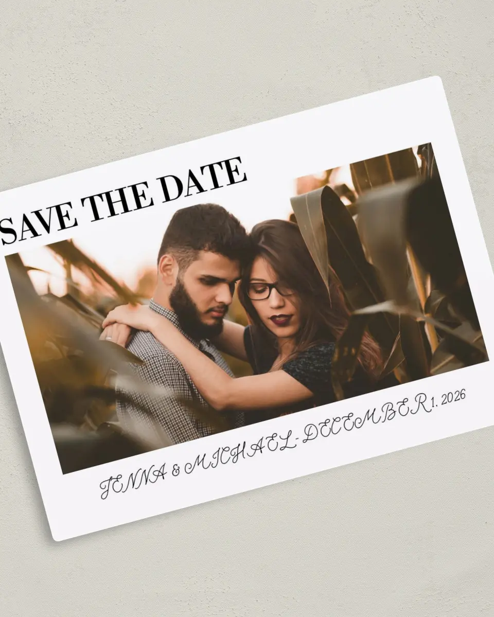 This is a 5" x 7" Save the Date Magnet called Simply True printed in full color with a Luxe Satin finish