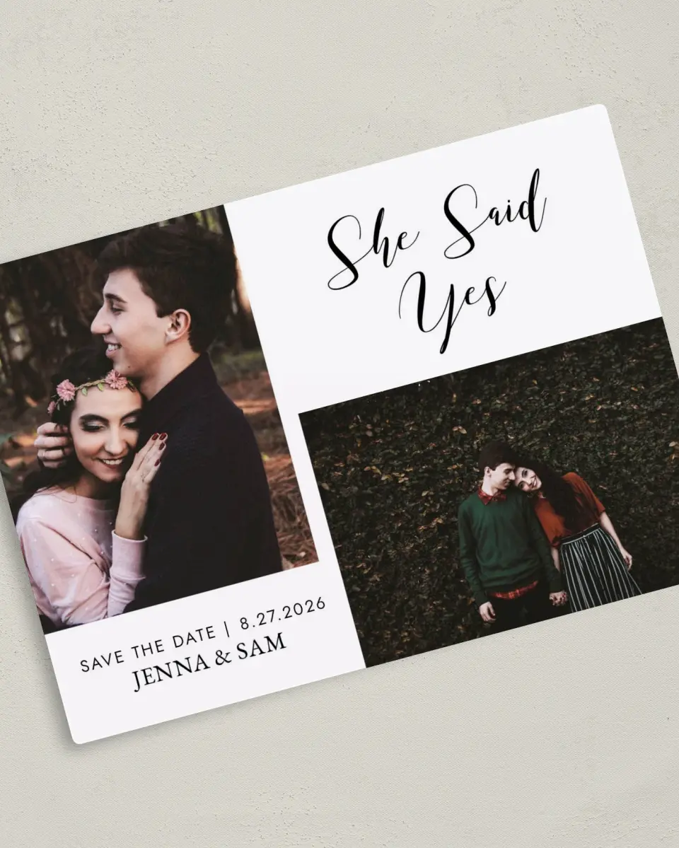 This is a 5" x 7" Save the Date Magnet called Love's Whisper printed in full color with a Luxe Satin finish