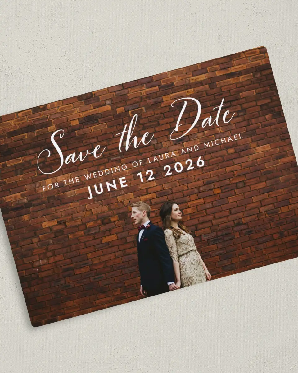This is a 5" x 7" Save the Date Magnet called Waiting for You printed in full color with a Luxe Satin finish