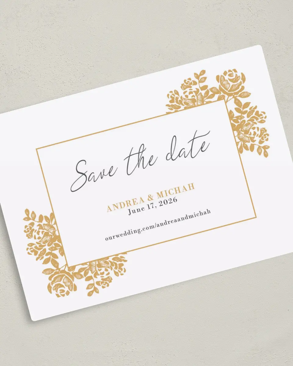 This is a 5" x 7" Save the Date Magnet called Etched Elegance printed in full color with a Luxe Satin finish