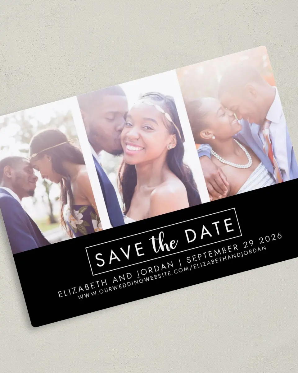 This is a 5" x 7" Save the Date Magnet called Shiny Joy printed in full color with a Luxe Satin finish