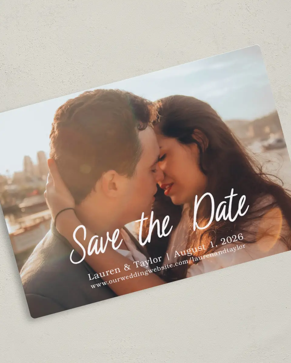 This is a 5" x 7" Save the Date Magnet called Close to You printed in full color with a Luxe Satin finish