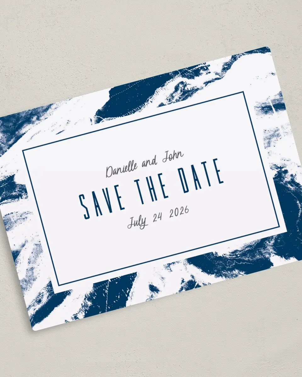 This is a 5" x 7" Save the Date Magnet called Love in Motion printed in full color with a Luxe Satin finish
