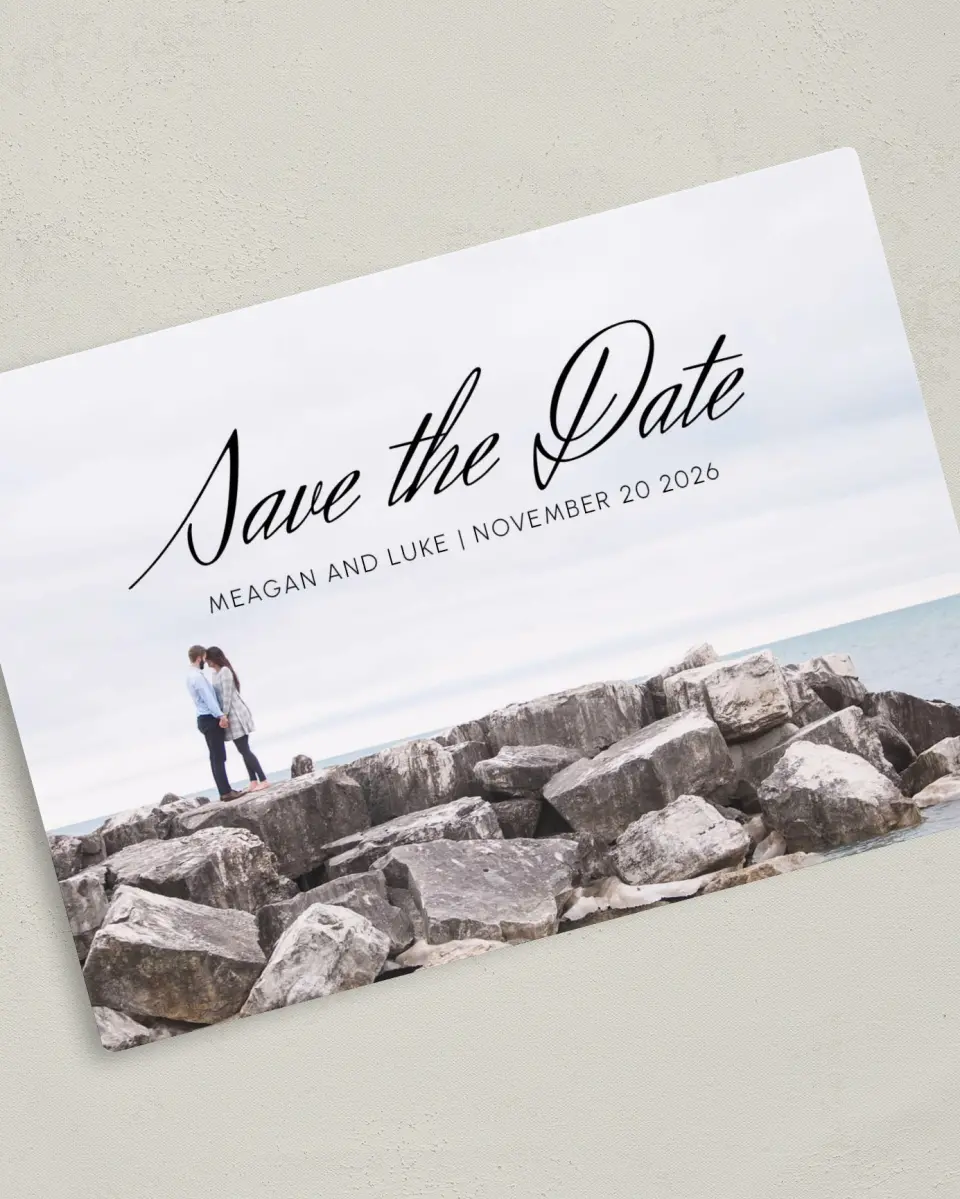 This is a 5" x 7" Save the Date Magnet called Tranquility printed in full color with Rose Gold foil and a Luxe Satin finish