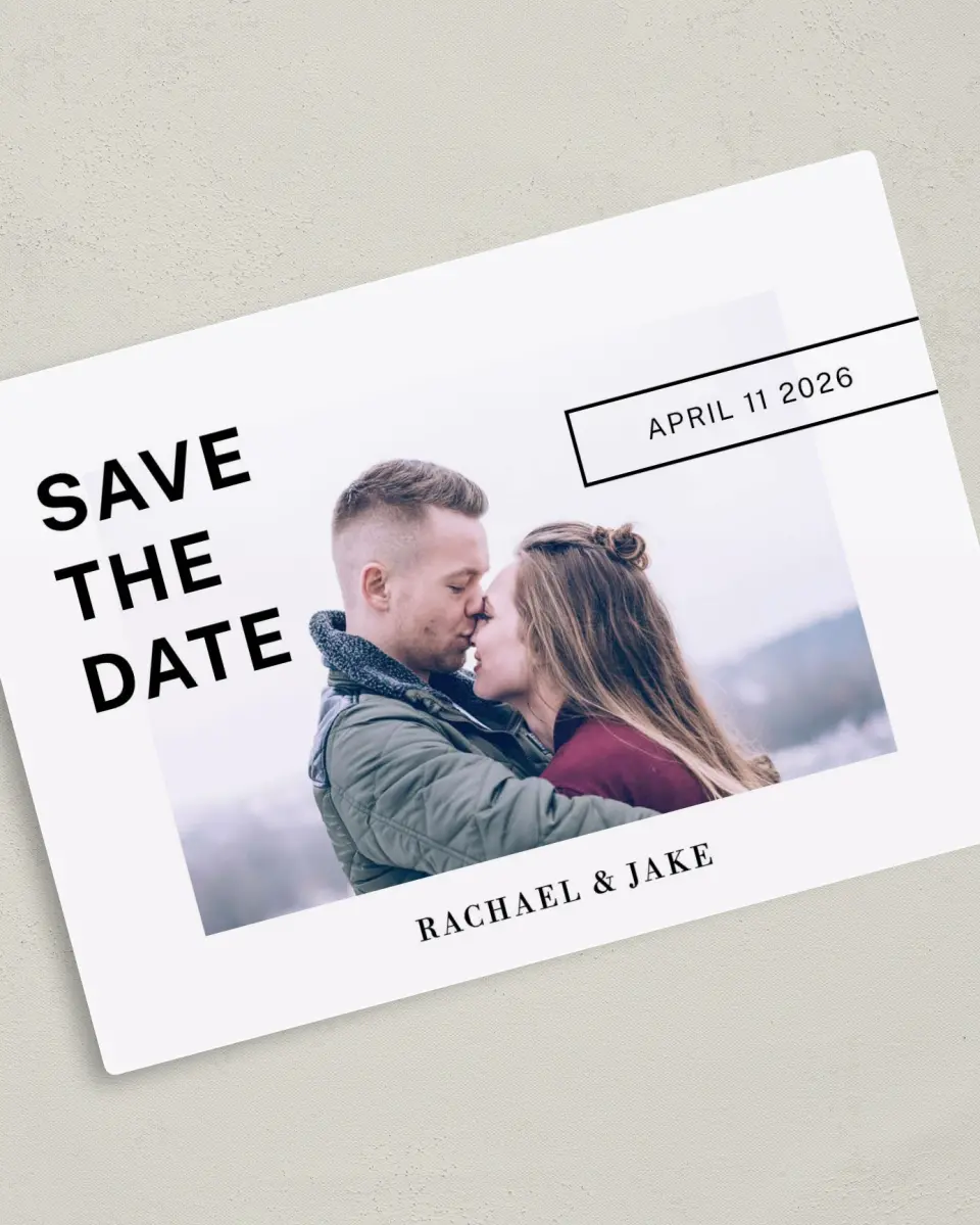 This is a 5" x 7" Save the Date Magnet called You.Me.Forever. printed in full color with a Luxe Satin finish