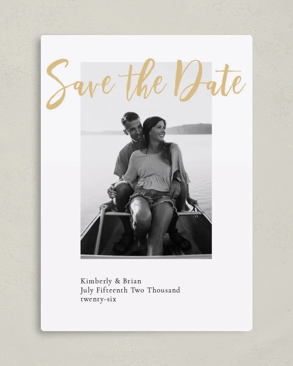 This is a 5" x 7" Save the Date Magnet called Adjoining Love printed in full color with Rose Gold foil and a Luxe Satin finish