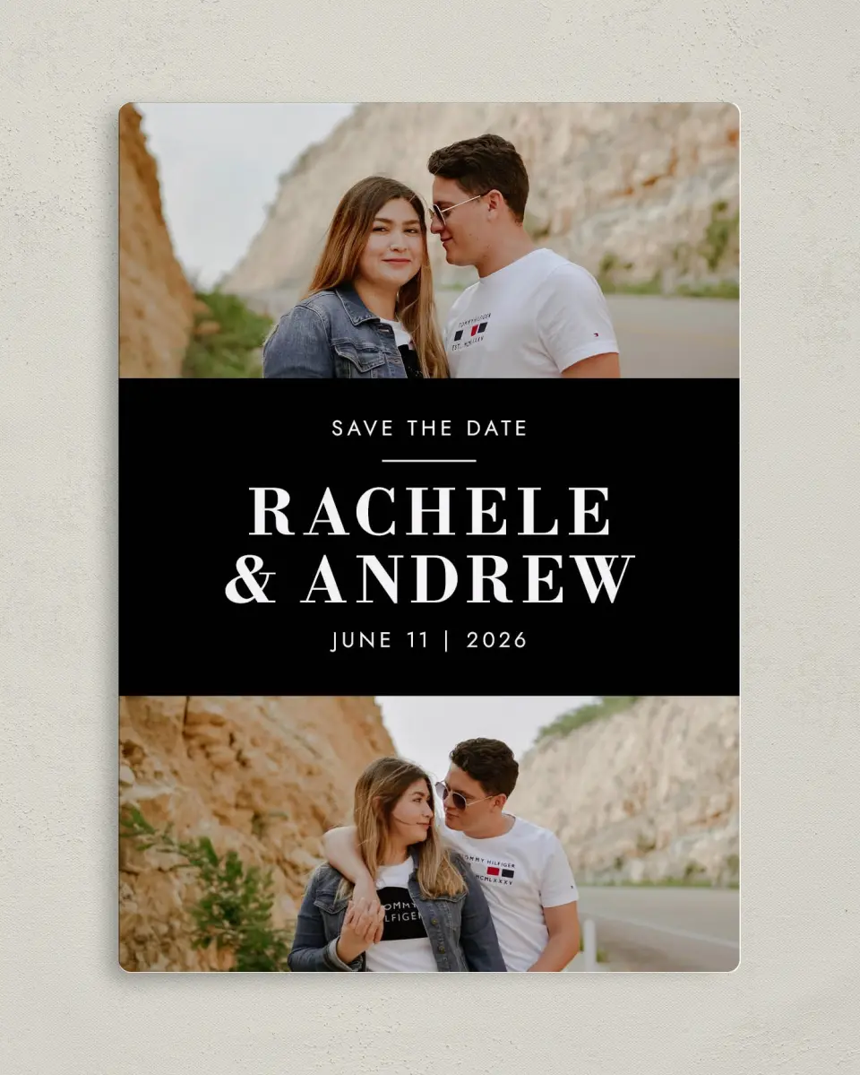 This is a 5" x 7" Save the Date Magnet called Love Boldly printed in full color with a Luxe Satin finish