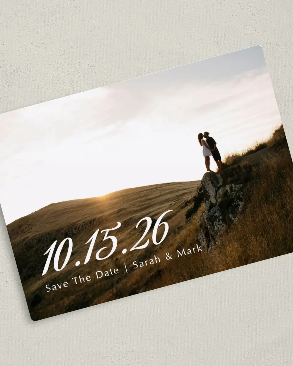 This is a 5" x 7" Save the Date Magnet called Rustic Diamond printed in full color with a Luxe Satin finish