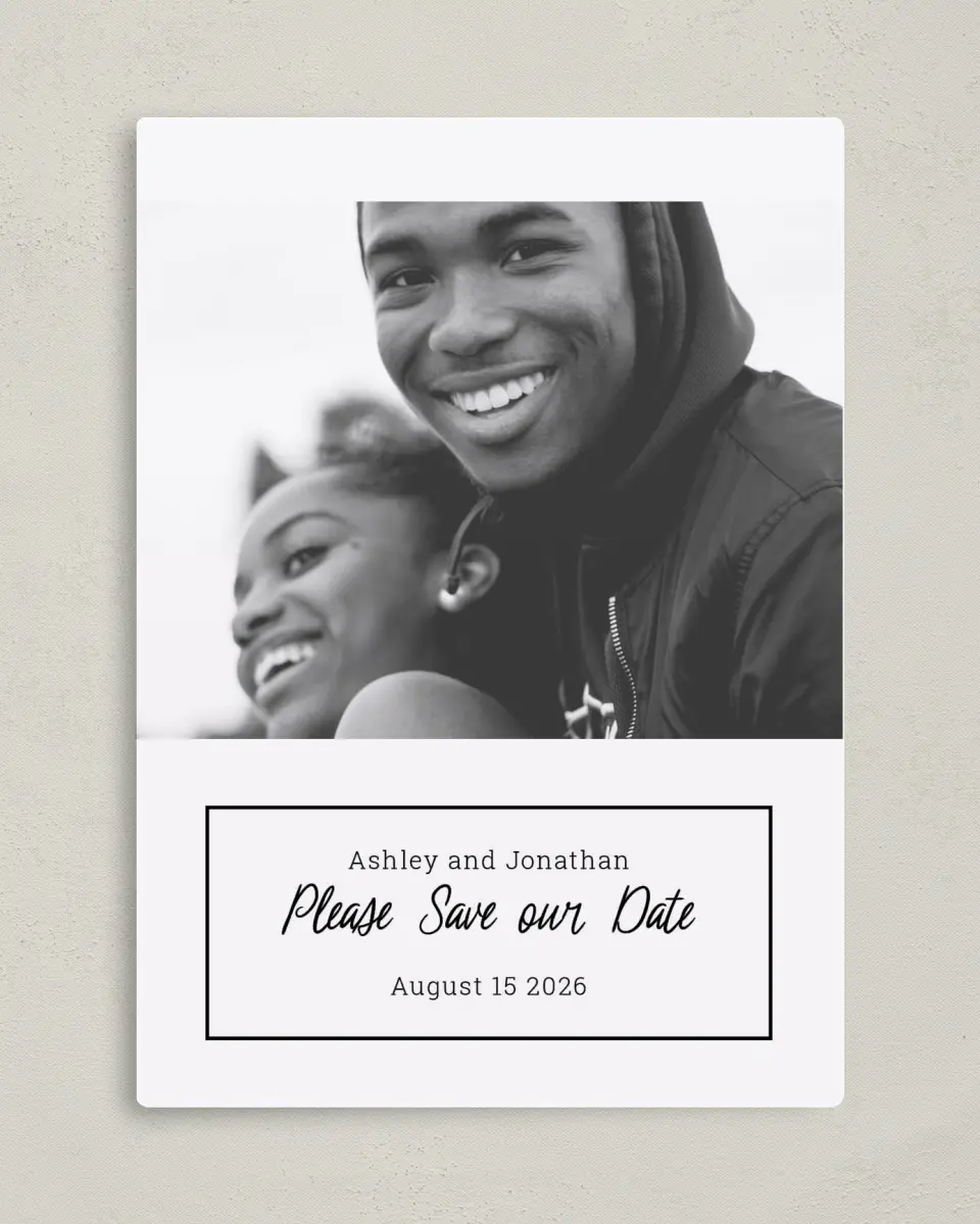 This is a 5" x 7" Save the Date Magnet called Romantic Splash printed in full color with a Luxe Satin finish