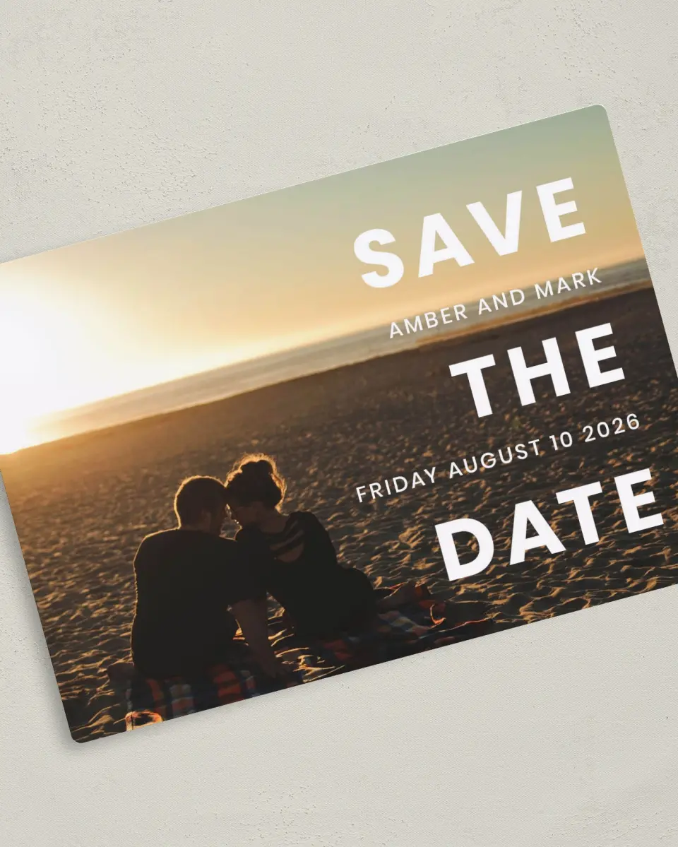 This is a 5" x 7" Save the Date Magnet called Dusk Beauty printed in full color with a Luxe Satin finish