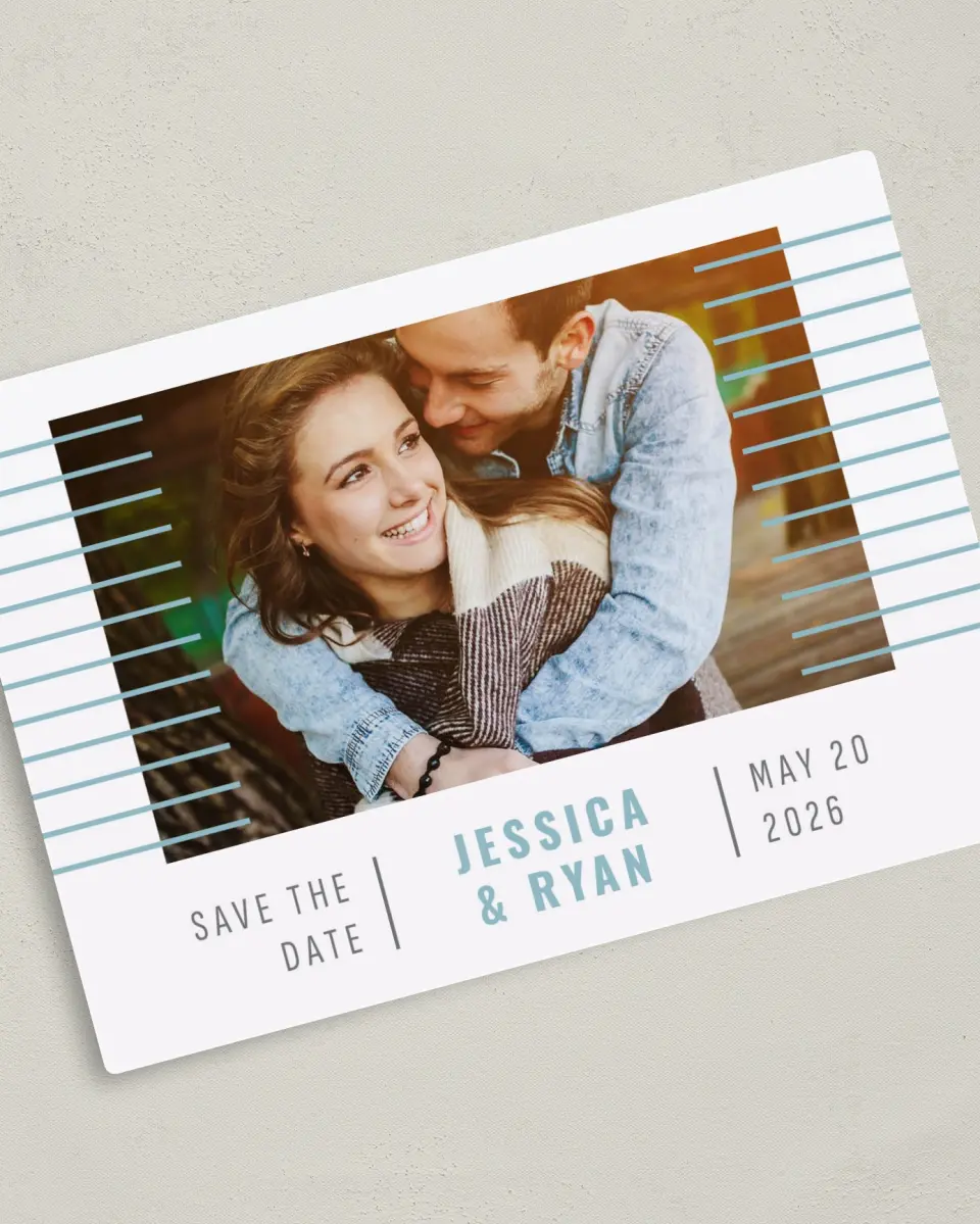 This is a 5" x 7" Save the Date Magnet called Luxe Lines printed in full color with a Luxe Satin finish